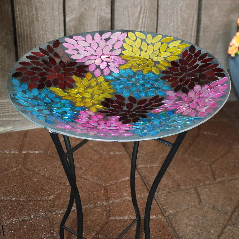 Sunnydaze Decor 14 in. Mosaic Petals Glass Bird Bath Bowl with Stand ZIB-020