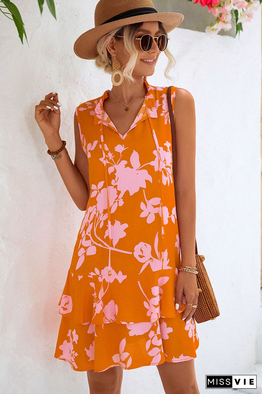 Sleeveless Ruffle Splicing Floral Dress