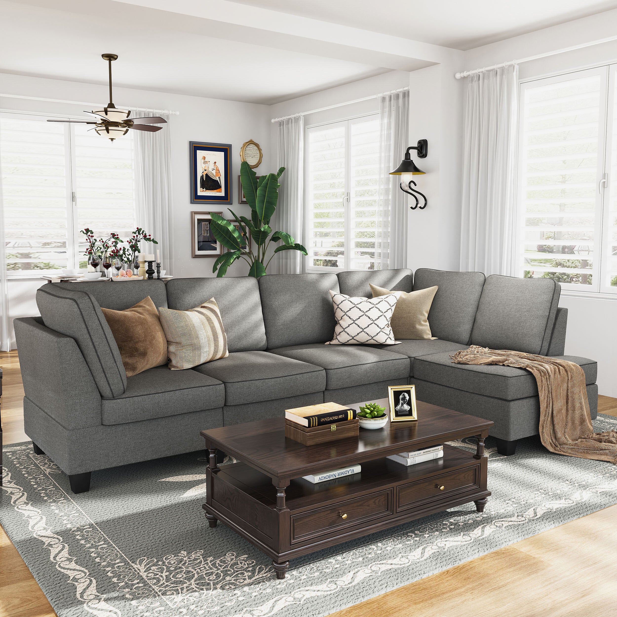 HONBAY L Shaped Sofa Sectional Couch Corner Sofa Couch with Adjustable Chaise for Living Room, Light Grey