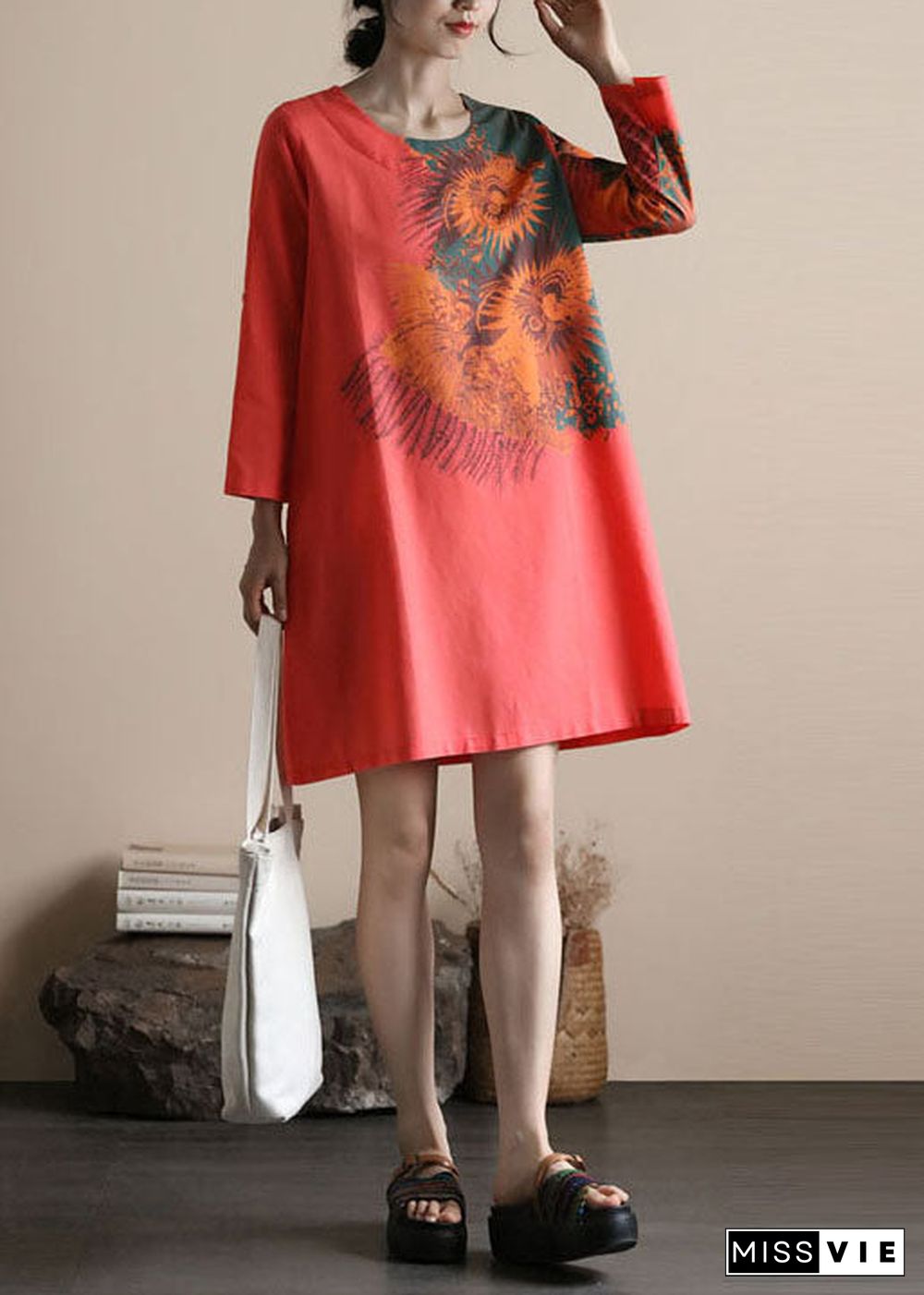 Red Print Patchwork Linen Dresses O Neck Bracelet Sleeve