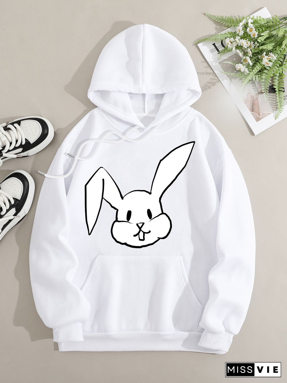 Printed on front Kangaroo Pocket Hoodie Long Sleeve for Women Pattern Big-Eared Rabbit