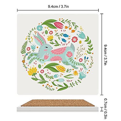 Colourlife Square Drink Coasters 2 Pcs Rabbit And Flowers In A Scandinavian Style Absorbent Ceramic Coffee Coasters For Drinks With Cork Base Housewar