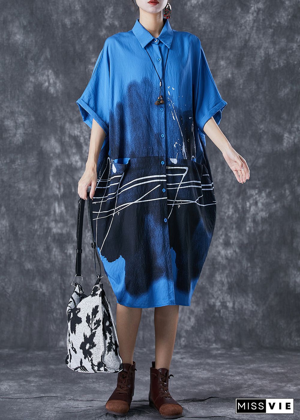 Italian Blue Inkwash Painting Cotton Shirt Dress Summer