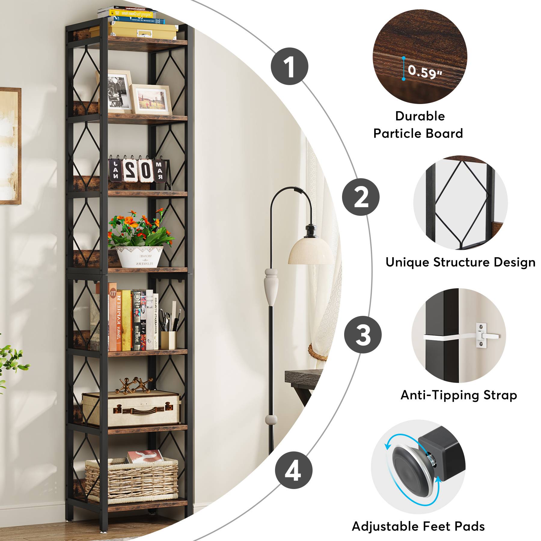 7-Tier Corner Shelf, 78.7 Narrow Bookshelf Corner Bookcase