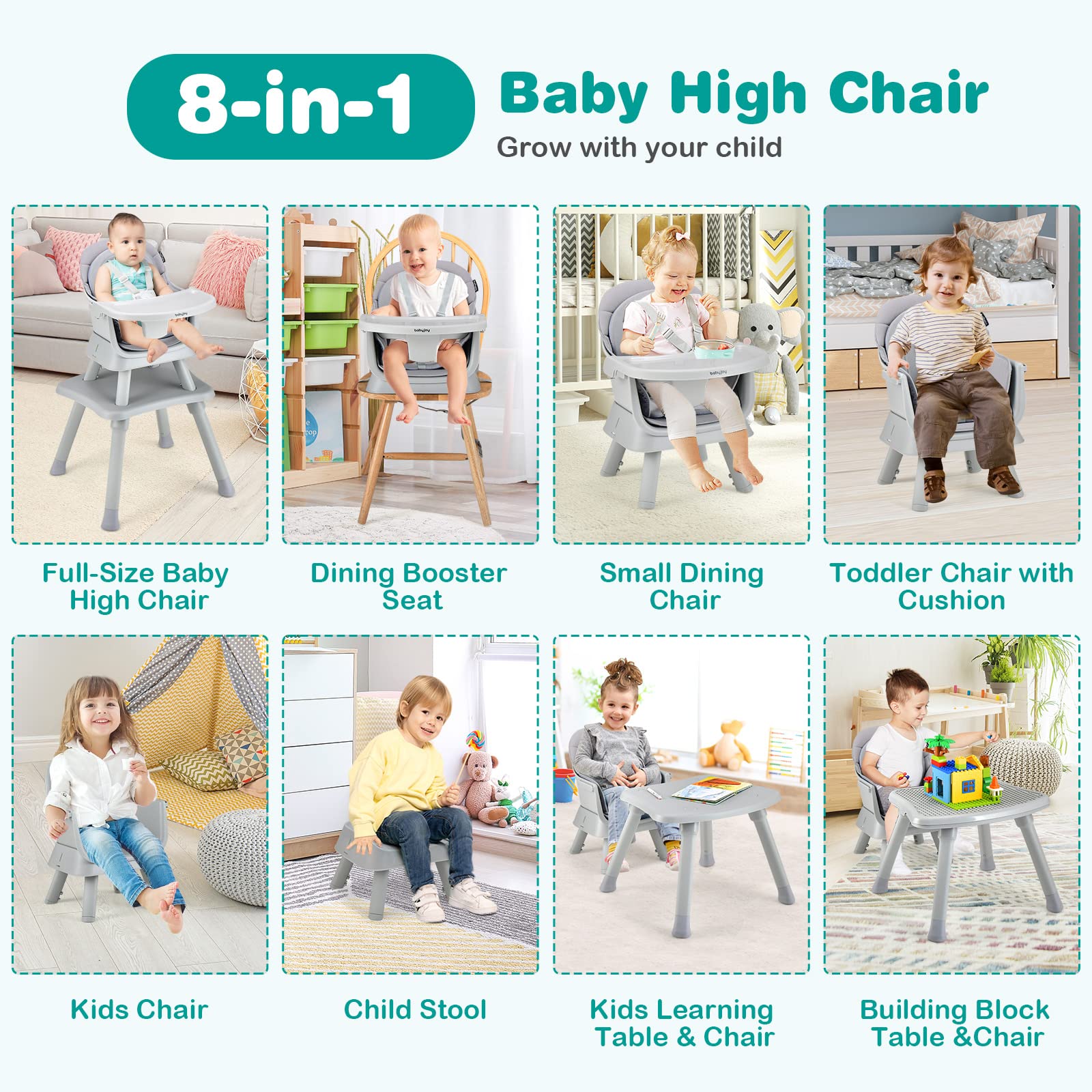 Costzon Baby High Chair, 8 in 1 Convertible Highchair for Babies & Toddlers