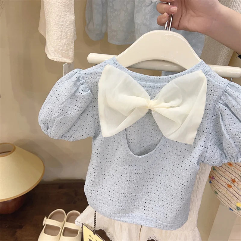 Baby Clothes Girls Short Sleeve T-Shirt Top and Bottoms Summer New Kids Cute Bowknot Backless Shirt Fashion Flared Pants 12M-6Y