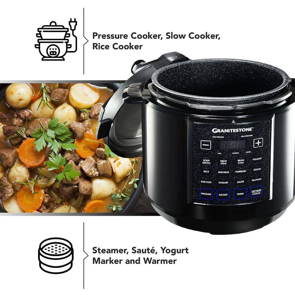 GRANITESTONE 6 Qt Black Electric Triple Layer Titanium Coating MultiPressure Cooker with BuiltIn Timer and PreSettings