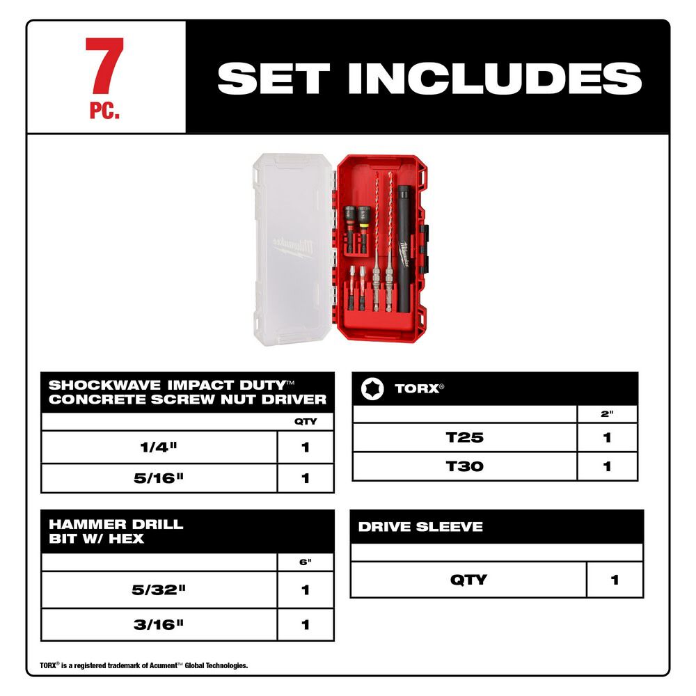 Milwaukee SHOCKWAVE Impact Duty Carbide Hammer Drill Bit Concrete Screw Install Kit 7pc 48-20-9097 from Milwaukee