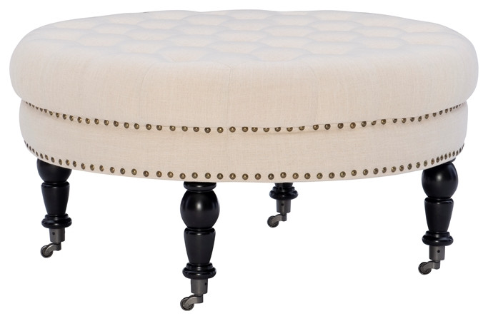 Linon Isabelle Round Wood Upholstered Ottoman in Natural Beige   Traditional   Footstools And Ottomans   by Homesquare  Houzz