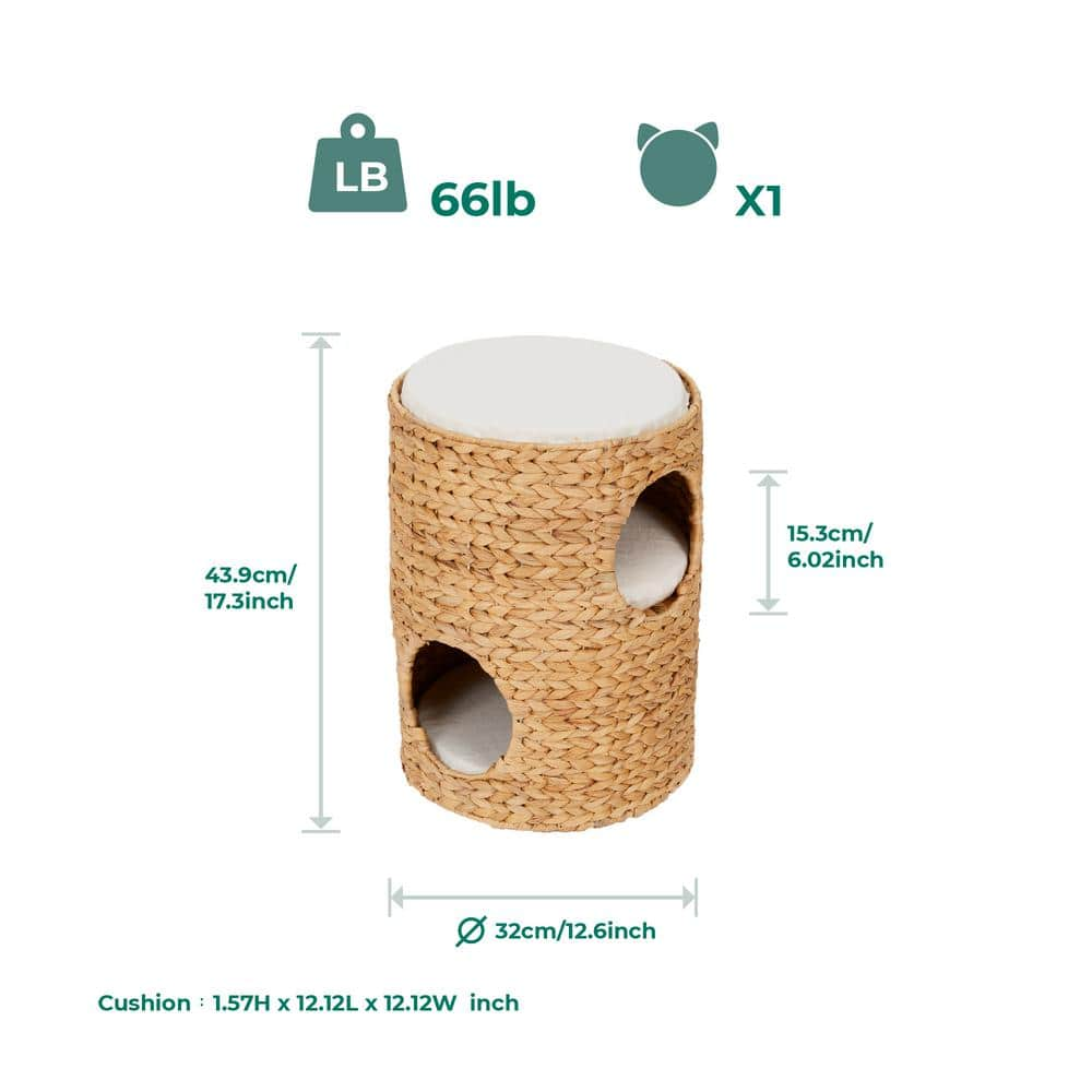 TEAMSON PETS Medium Size New Woven Rattan Natural Weaving 3-Tier Pet Bed Condo with Cushions for Cat, Washable ST-N10001