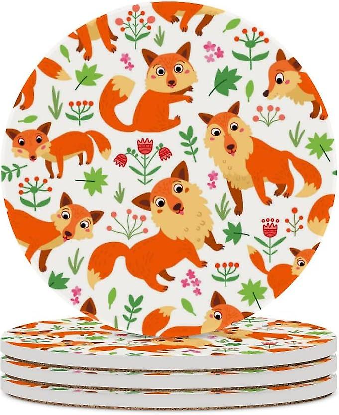 4pcs Round Fox Flowers Leaves Ceramic Coasters With Cork-backed For Coffee Drink Cup Mat Absorbent Stone Coasters