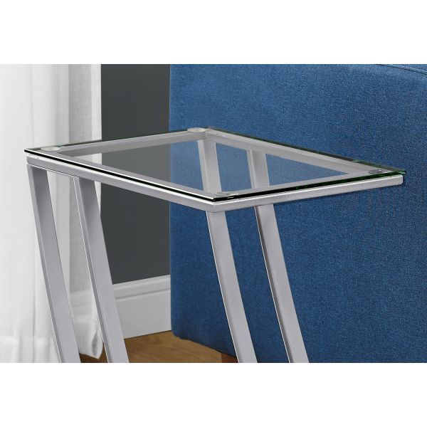 Accent Table， C-shaped， End， Side， Snack， Living Room， Bedroom， Tempered Glass， Grey Metal， Contemporary， Modern