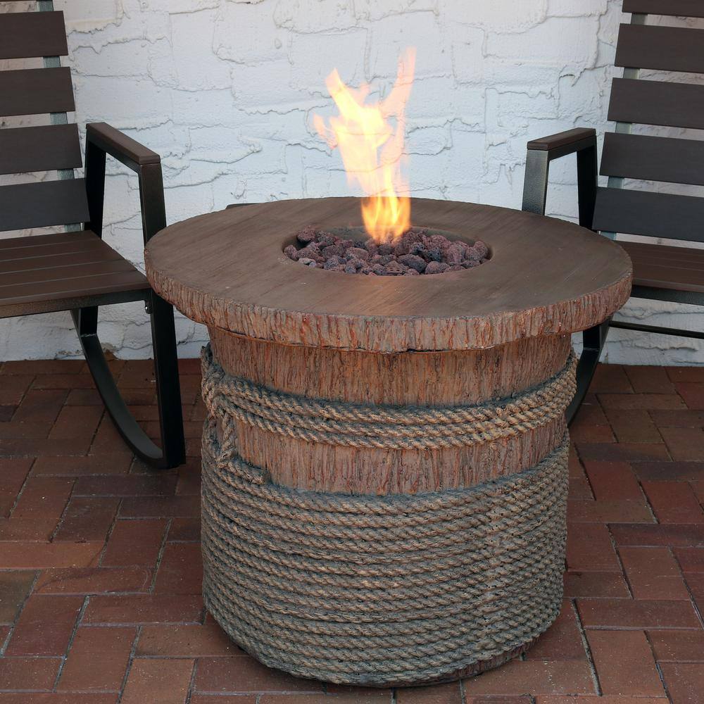 Sunnydaze Decor 29 in. Round Fiberglass Rope and Barrel Propane Gas Fire Pit Table with Lava Rocks WAR-962