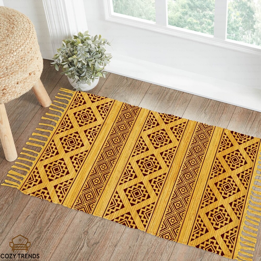 Cotton Woven Boho Rug 2'x3' Small Rug with Tassel  Versatile Washable Throw Rug for Bedroom Bathroom Hallway  Laundry  Entryway