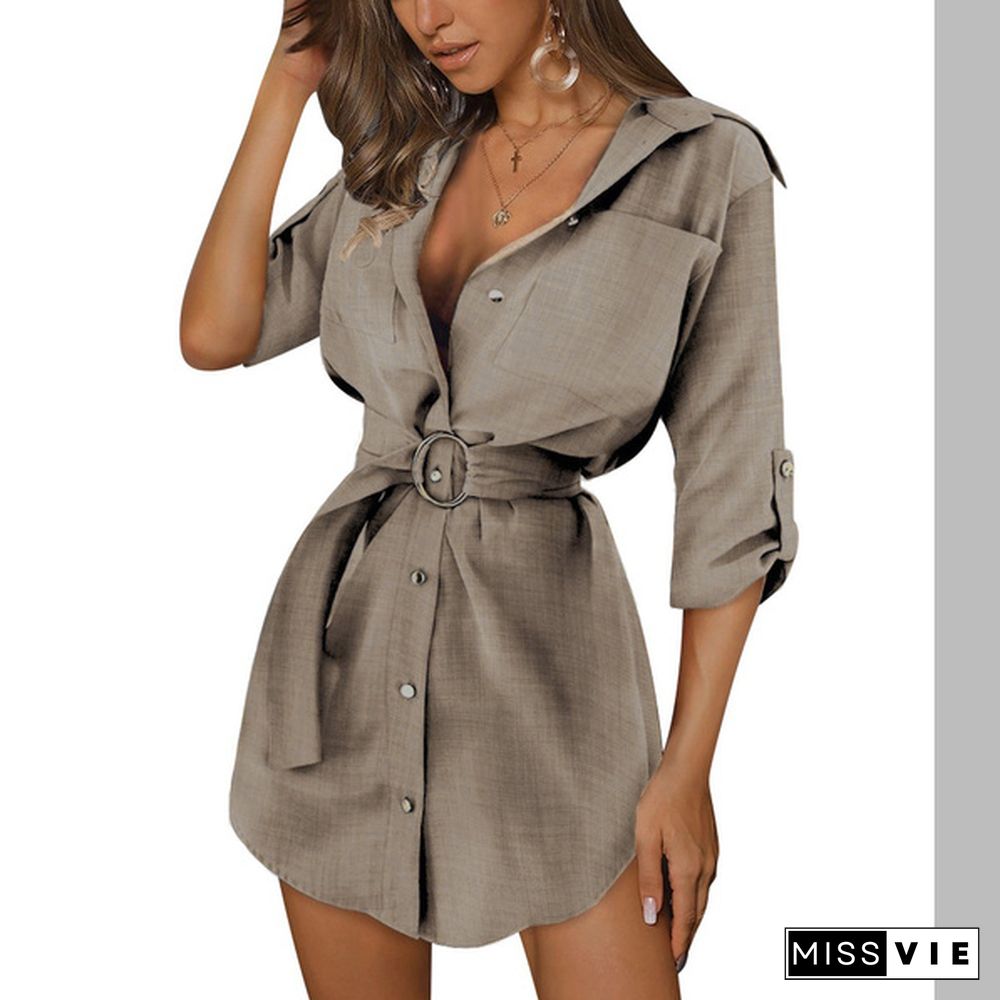 Women Long Sleeve V Neck Pocket Shirt Dress Tunic Top Casual Solid Charade Blouse with Self Belt