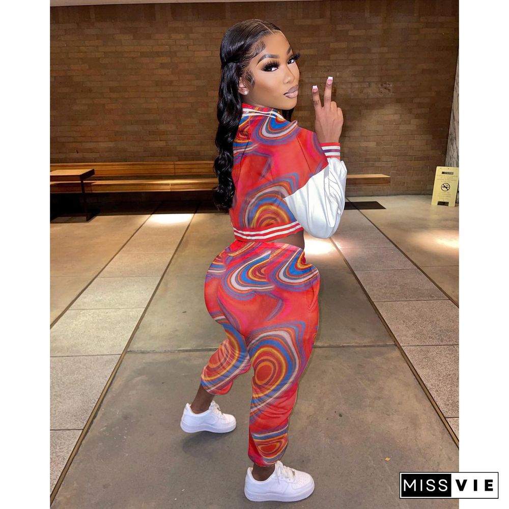 Abstract Print Baseball Jacket Sweatpants Two Piece Set