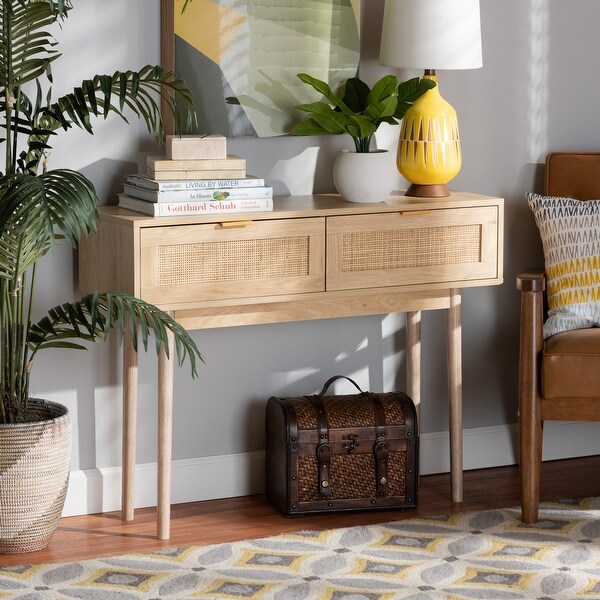 Baird Light Oak Brown Finished Wood and Rattan 2-Drawer Console Table