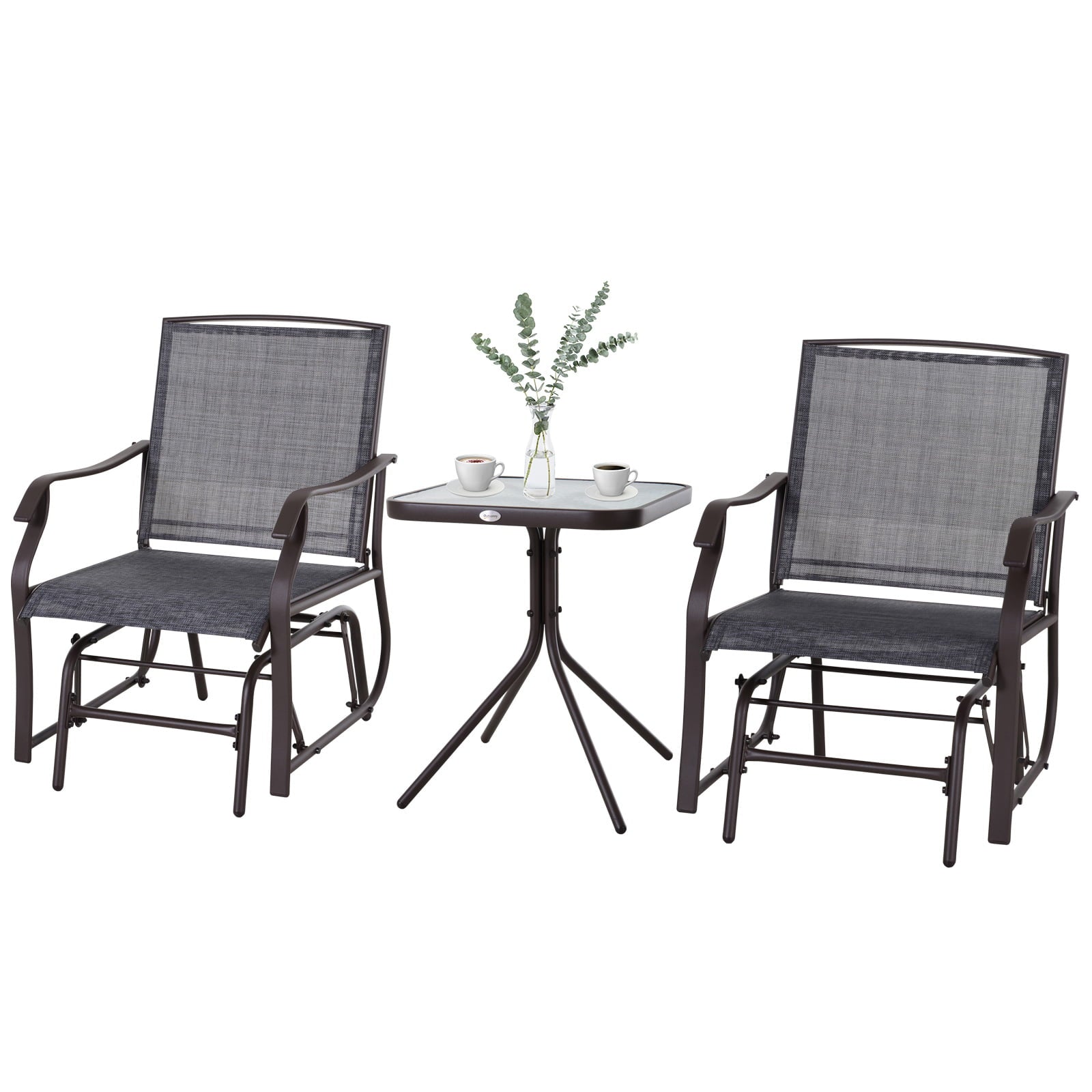 Outsunny 3pcs Outdoor Sling Fabric Rocking Glider Chair with Table Set, Brown