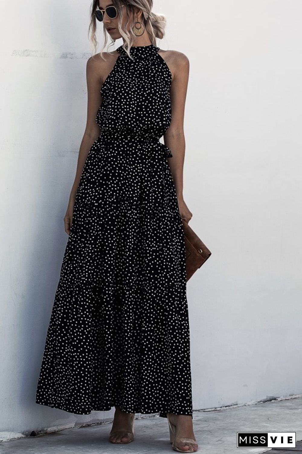 Halter Polka Dot Print Tie Waist Maxi Dress Wholesale