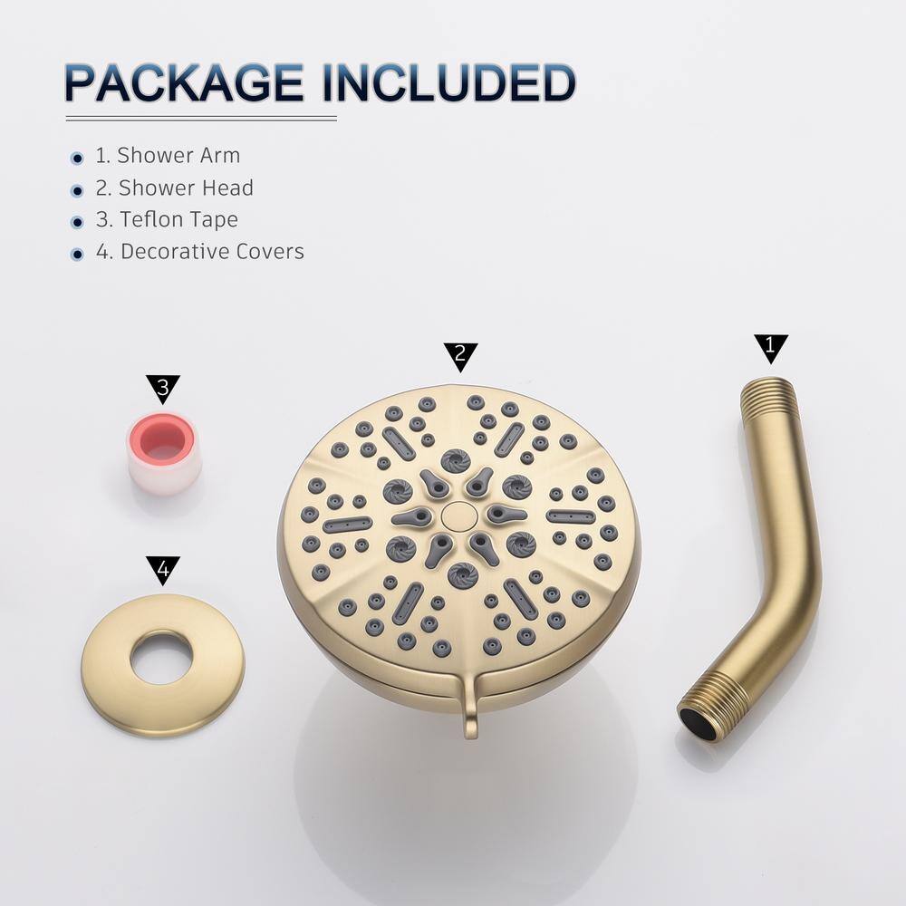 Boyel Living 5-Spray Patterns 5 in. Wall Mount Fixed Shower Head with 2.5 GPM and Stainless Steel Shower Arm in Brushed Gold TWSHA015-5BG