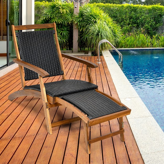 Costway Patio Folding Rattan Lounge Chair Wooden Frame W Retractable Footrest