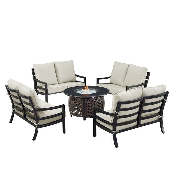 Black Aluminum Fire Table Set with Four Deep Seating Loveseat with Cushions