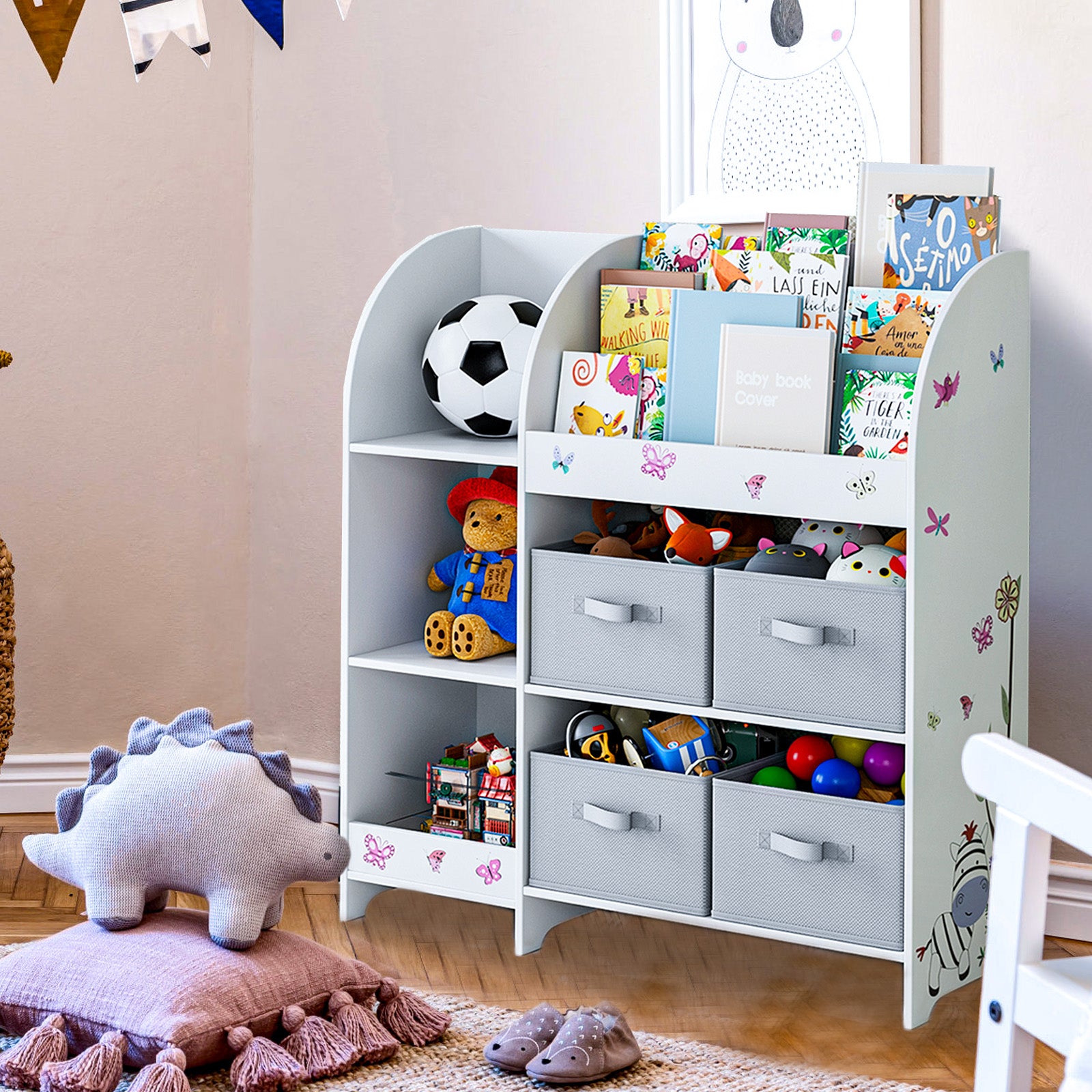 Kids Toy Storage Unit Toy Rack with Storage Boxes Bookshelf Rack Cabinet