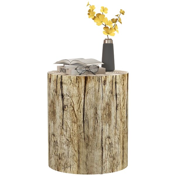 HOMCOM Tree Stump Stool，Decorative Side Table with Round Tabletop，Concrete End Table with Wood Grain Finish