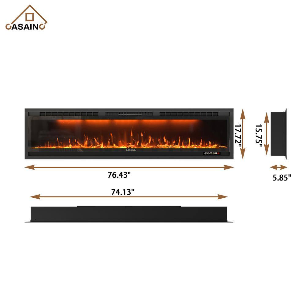 CASAINC 76 in. Wall-Mounted and Recessed Electric Fireplace in Black VL-WF-BI74