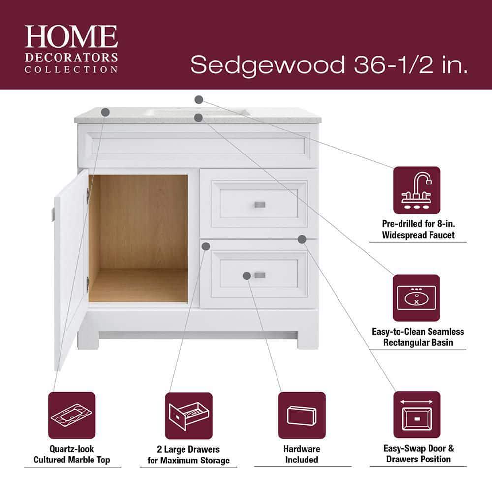 Home Decorators Collection Sedgewood 365 in W x 188 in D x 344 in H Freestanding Bath Vanity in White with Arctic Solid Surface Top