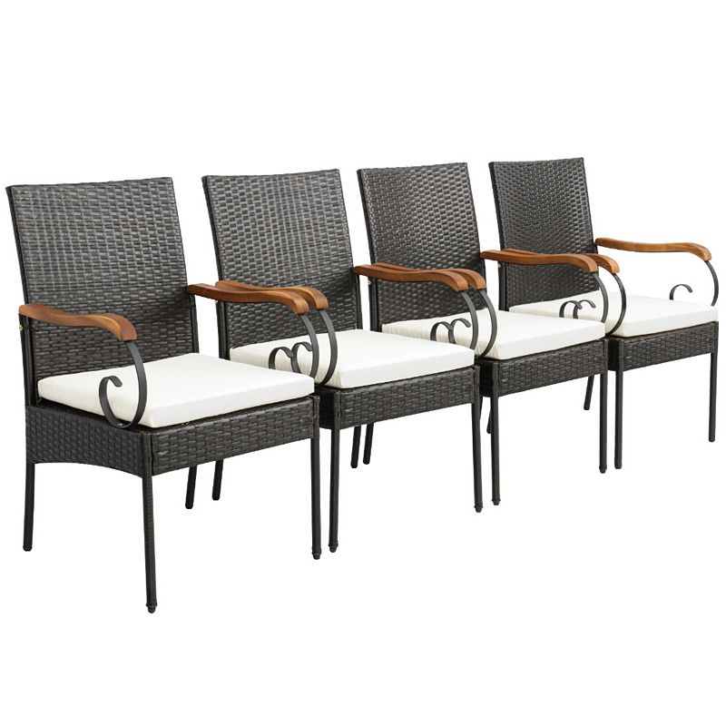 Set of Outdoor PE Wicker Chair with Acacia Wood Armrests Set of 4