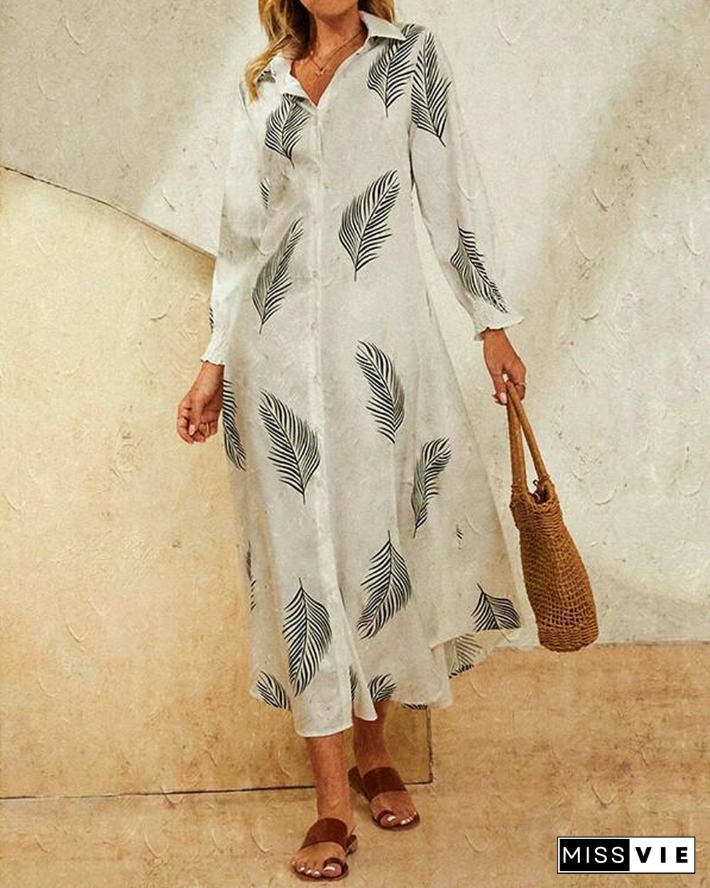 Leaves Print Lapel Button Long Sleeve Maxi Shirt Dress