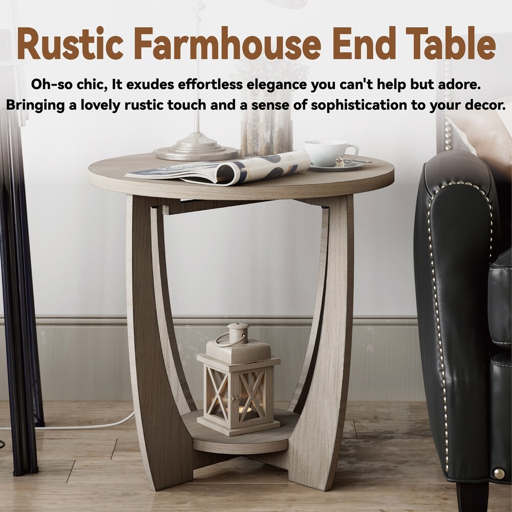 COZAYH Rustic Farmhouse End Table with Storage Shelf  French Country Accent Side Table  Round