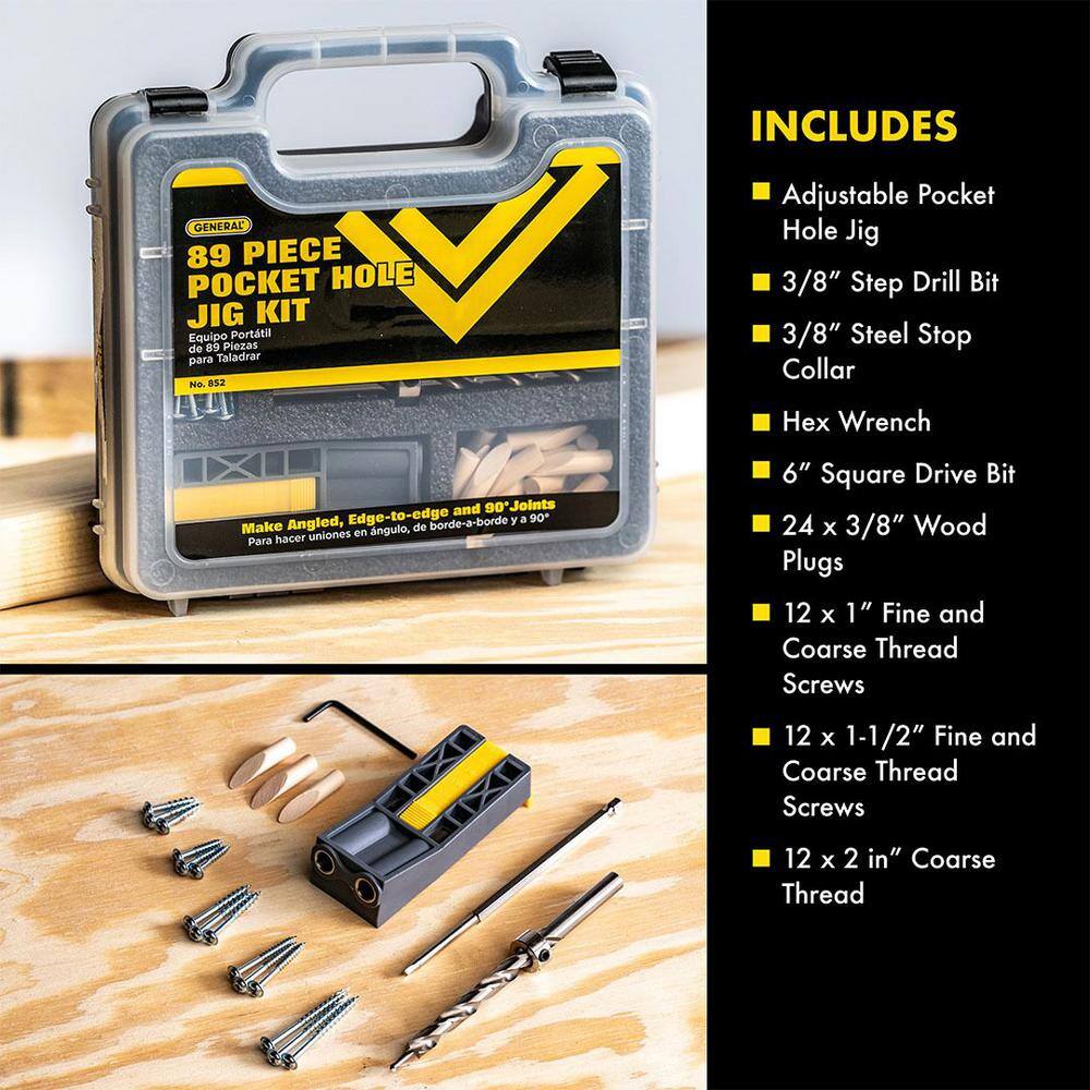 General Tools Pocket Hole Jig Kit with Screws and Dowels (89-Piece) with Carry Case 852