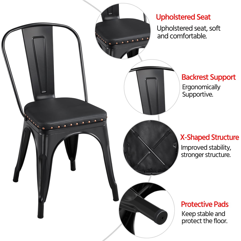 SMILE MART Industrial Metal Studded Dining Chair with Cushion， Set of 4， Black