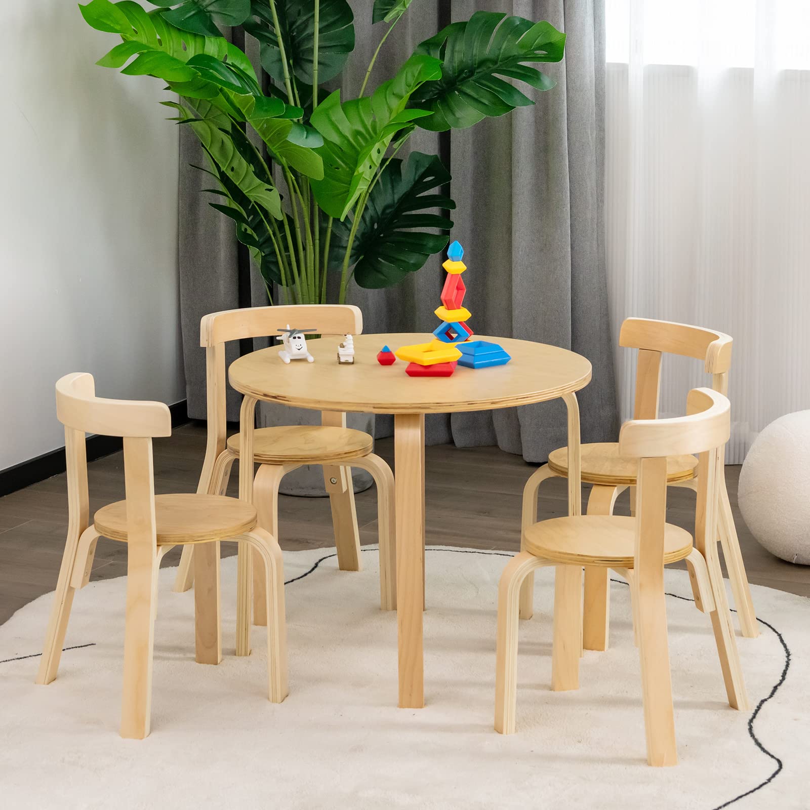 Costzon Kids Table and Chair Set, 5-Piece Wooden Activity Table w/ 4 Chairs