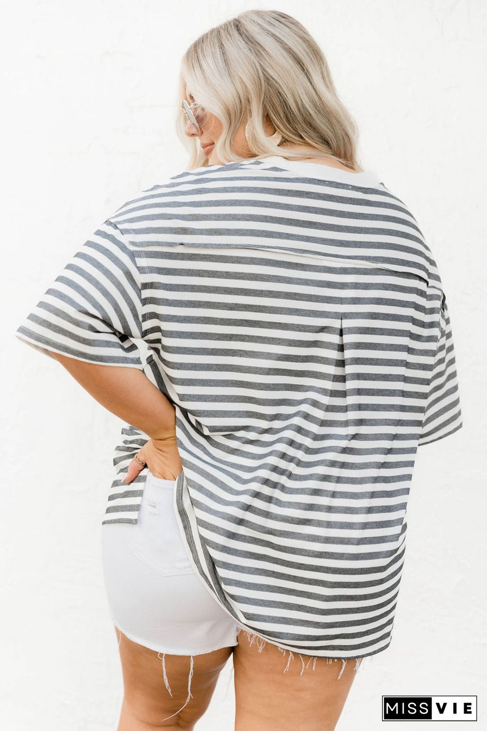 Plus Size Striped Short Sleeve Henley Tee