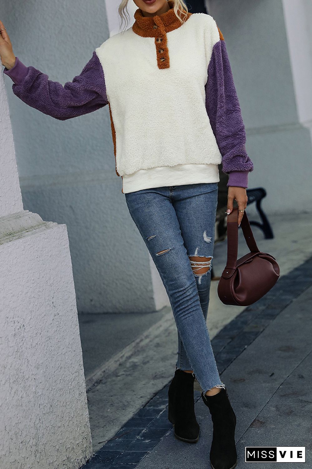 Stand Collar Button Down Color Block Fleece Sweatshirts