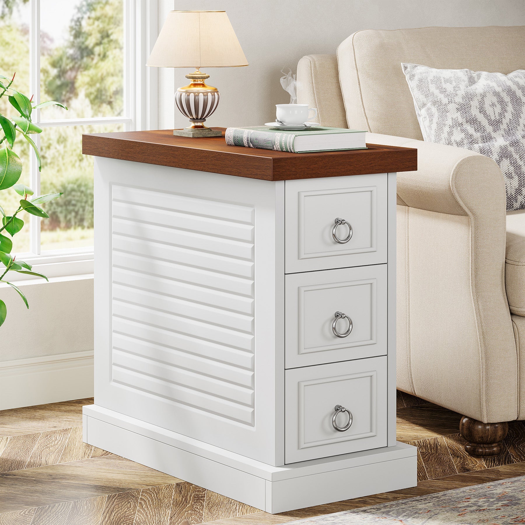 3-Drawer End Table, Farmhouse Sofa Side Table with Thicken Pedestal