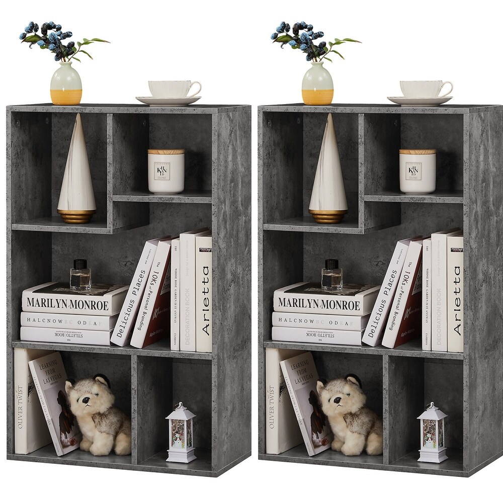 VECELO  Widened Version，(Set of 2)2 Tier Five Open Cube Wooden Bookcase Organizer  Bookshelf
