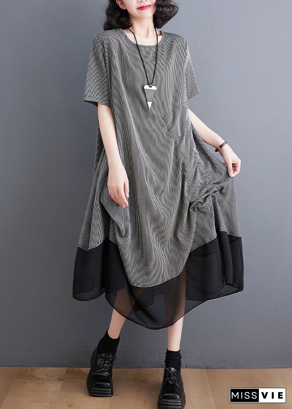 Style Grey Asymmetrical Patchwork Wrinkled Chiffon Dresses Summer