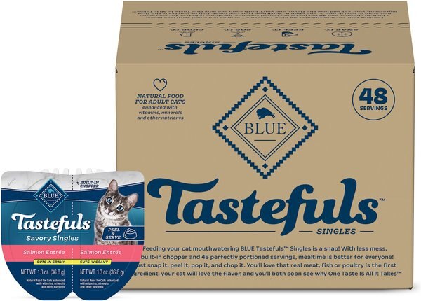 Blue Buffalo Tastefuls Savory Singles Salmon Entrée Cuts in Gravy Adult Cat Food， 2.6-oz cup， case of 24