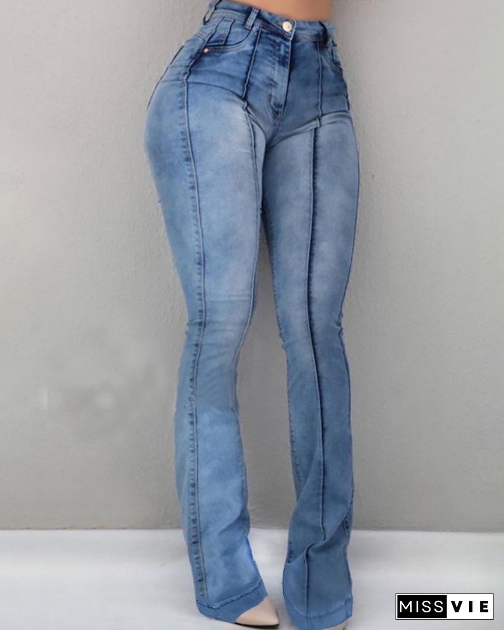 Solid High Waist Bell-Bottom Jeans P15145