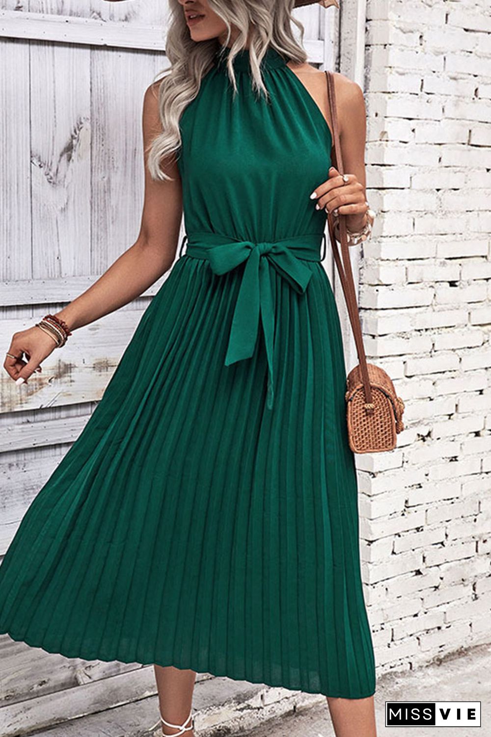 Dark Green Pleated Hlater Sleeveless Midi Dress