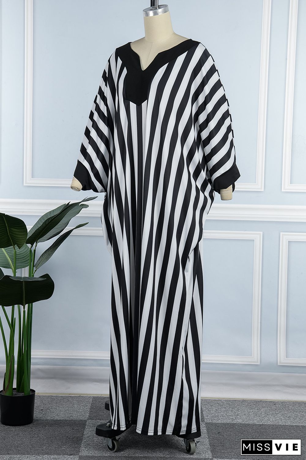 Black White Casual Work Street Striped Patchwork V Neck Straight Dresses