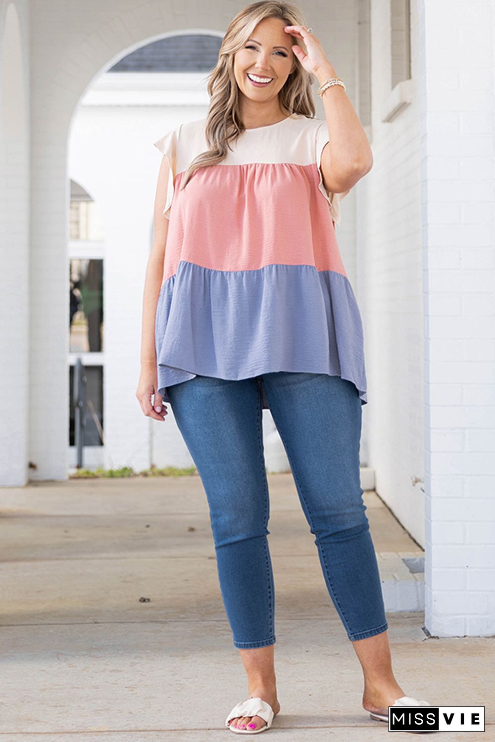 Pink Plus Size Colorblock Ruffle Flowy Top