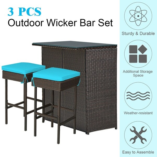 3-piece Rattan Wicker Bar Table Stools Dining Set Cushioned Chairs - 40