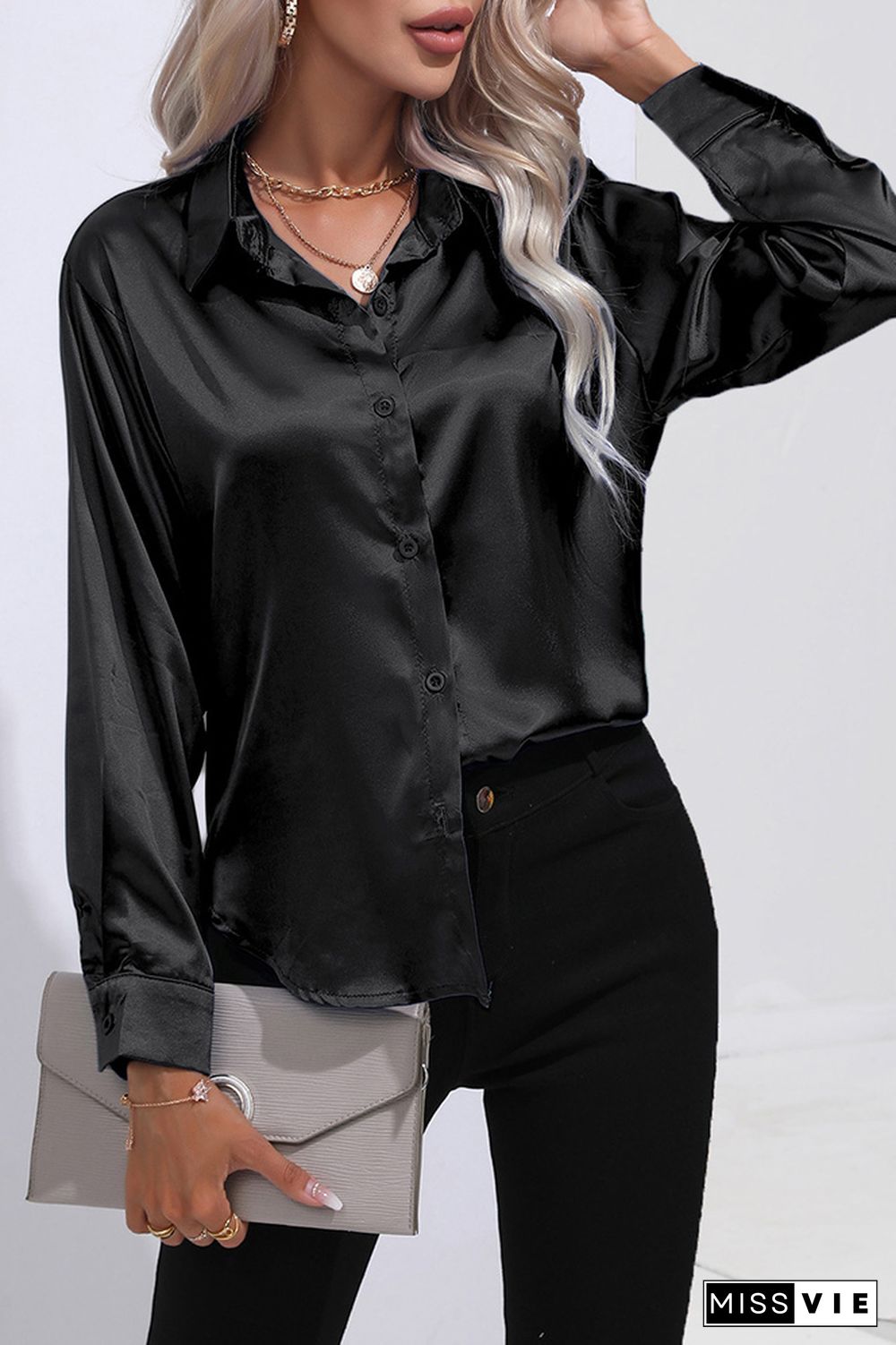 Plain Silky Open Button Long Sleeves Blouse Shirt