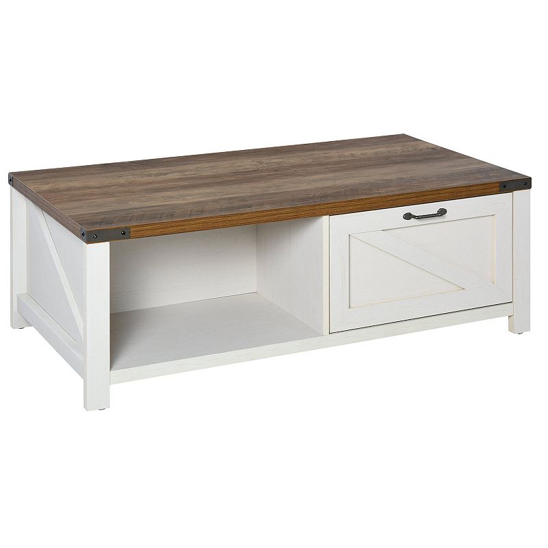 HOMCOM Farmhouse Coffee Table with Drawer and Storage Open Shelf for Living Room White Oak