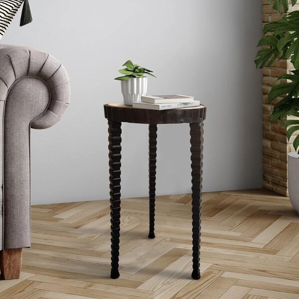 22 Inch Round Wooden Side Table with Tapered Tripod Base， Brown and Black - 21